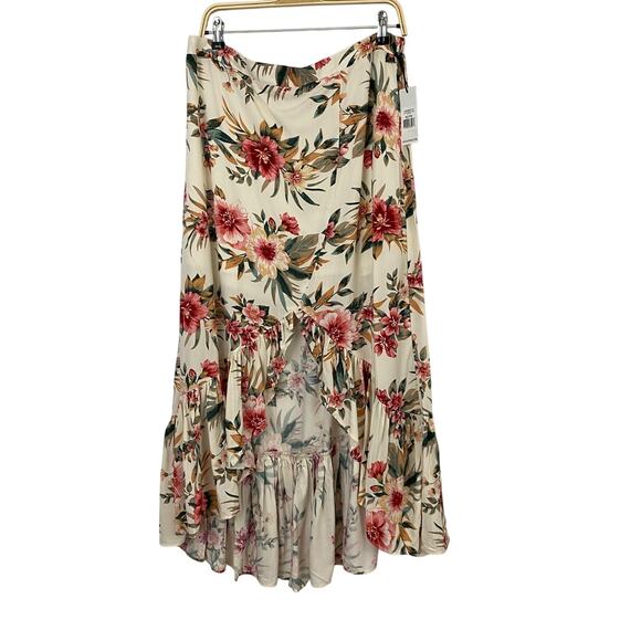Dex Floral Hawaiian Print Midi Skirt Women XL Cream Red Ruffle Cottagecore Boho - Picture 1 of 11